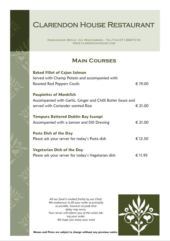 Clarendon House Restaurant Menu - Main Courses